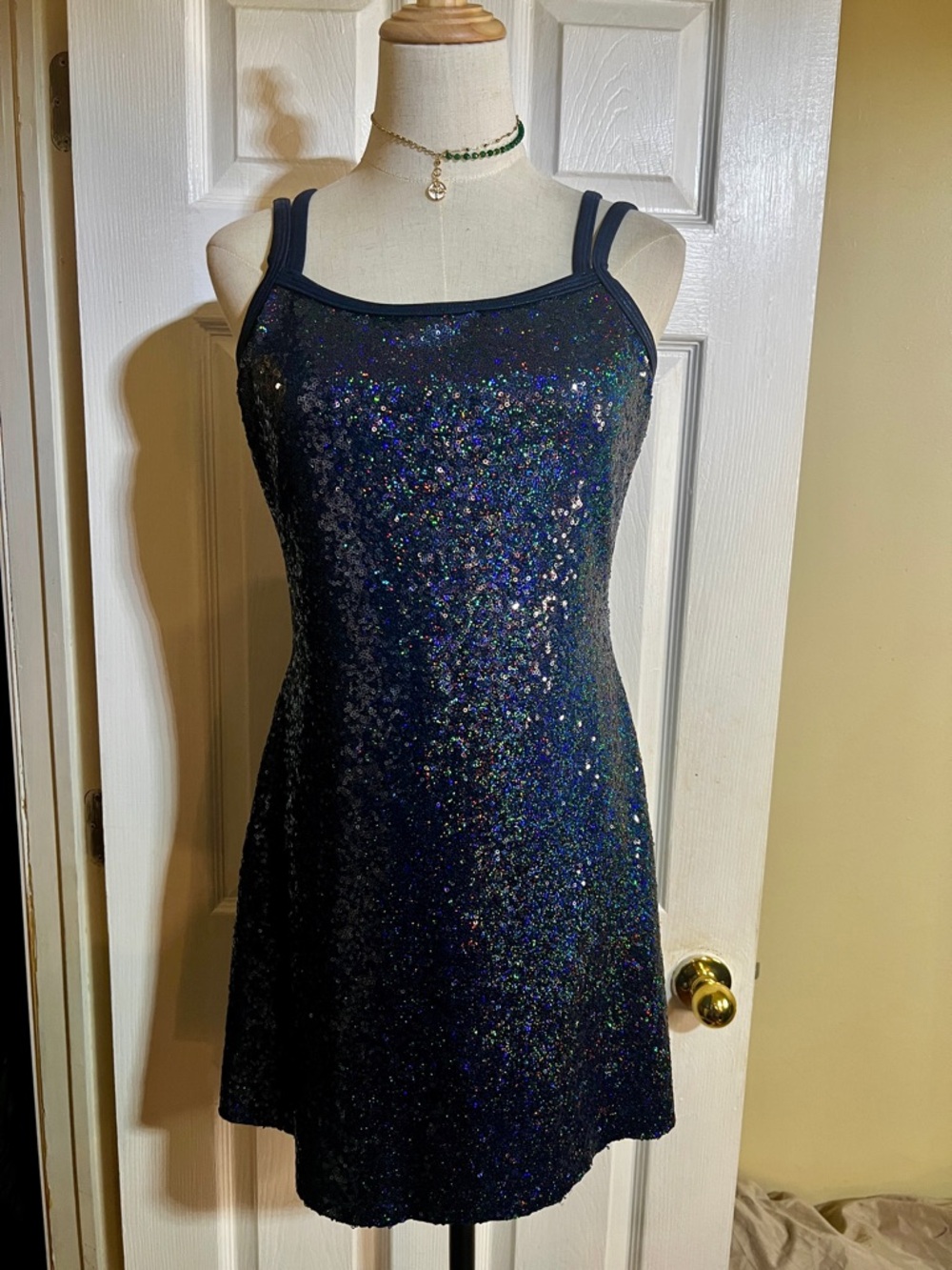 A Wish Come True Wms‎ Dark Blue Sequin Metallic Dance Leotard Mini Glam Dress L